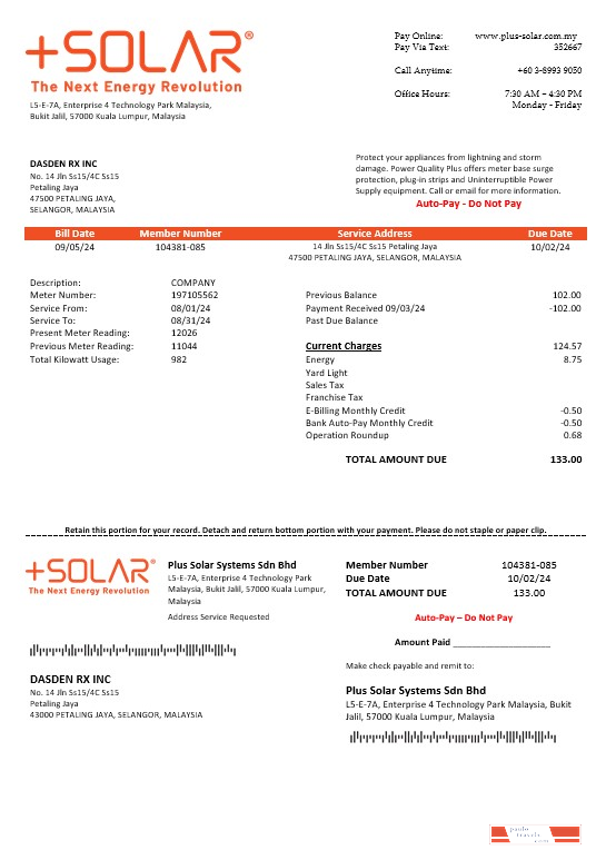 Malaysia Plus Solar Systems Sdn Bhd business utility bill template in Word and PDF formats